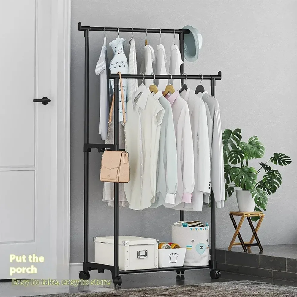 Movable Coat Rack Simple Double Rod Clothes Racks Bedroom Floor-Standing Hangers with Wheel Storage CoatRack Clothes Storage