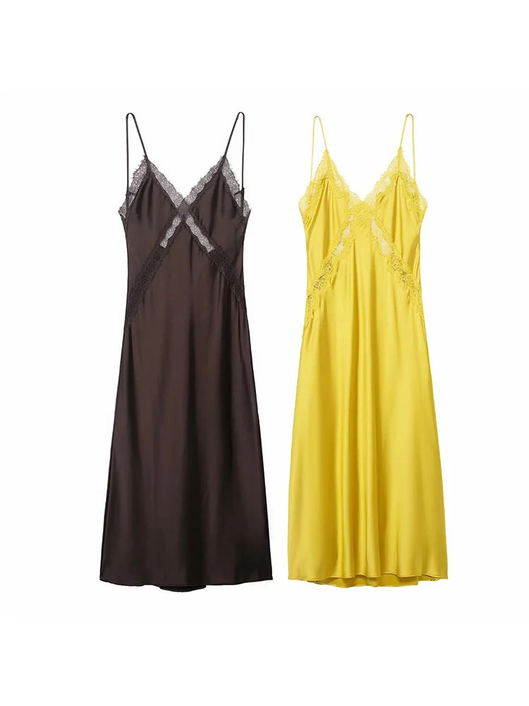 ชุดเดรสผู้หญิง สไตล์ใหม่สำหรับฤดูใบไม้ร่วง สายเดี่ยว ผ้าซาตินแต่งลูกไม้ ชุดเดรสยาว สวยสง่าและทันสมัย