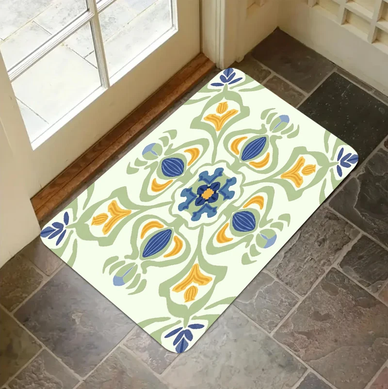 Moroccan Style Floral Doormat Retro Bohemian Non Slip Indoor Carpet Mat Flower Vine Pattern for Entryway Living Room Area Rug