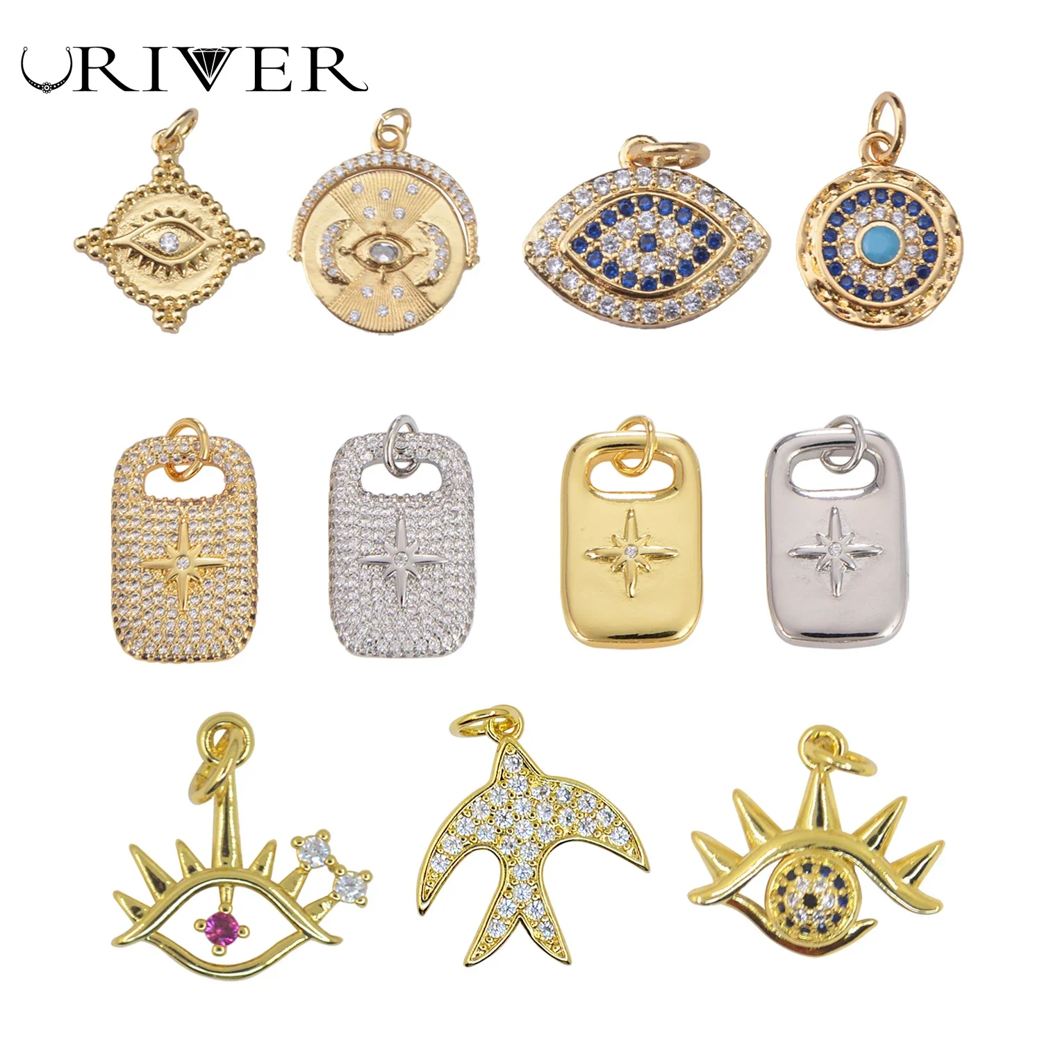 Trendy Metal DIY Pendants Set for Unisex Devil Eye Block Birds Charms Inlaid Zircon Necklace Bracelet Making Jewelry Accessories