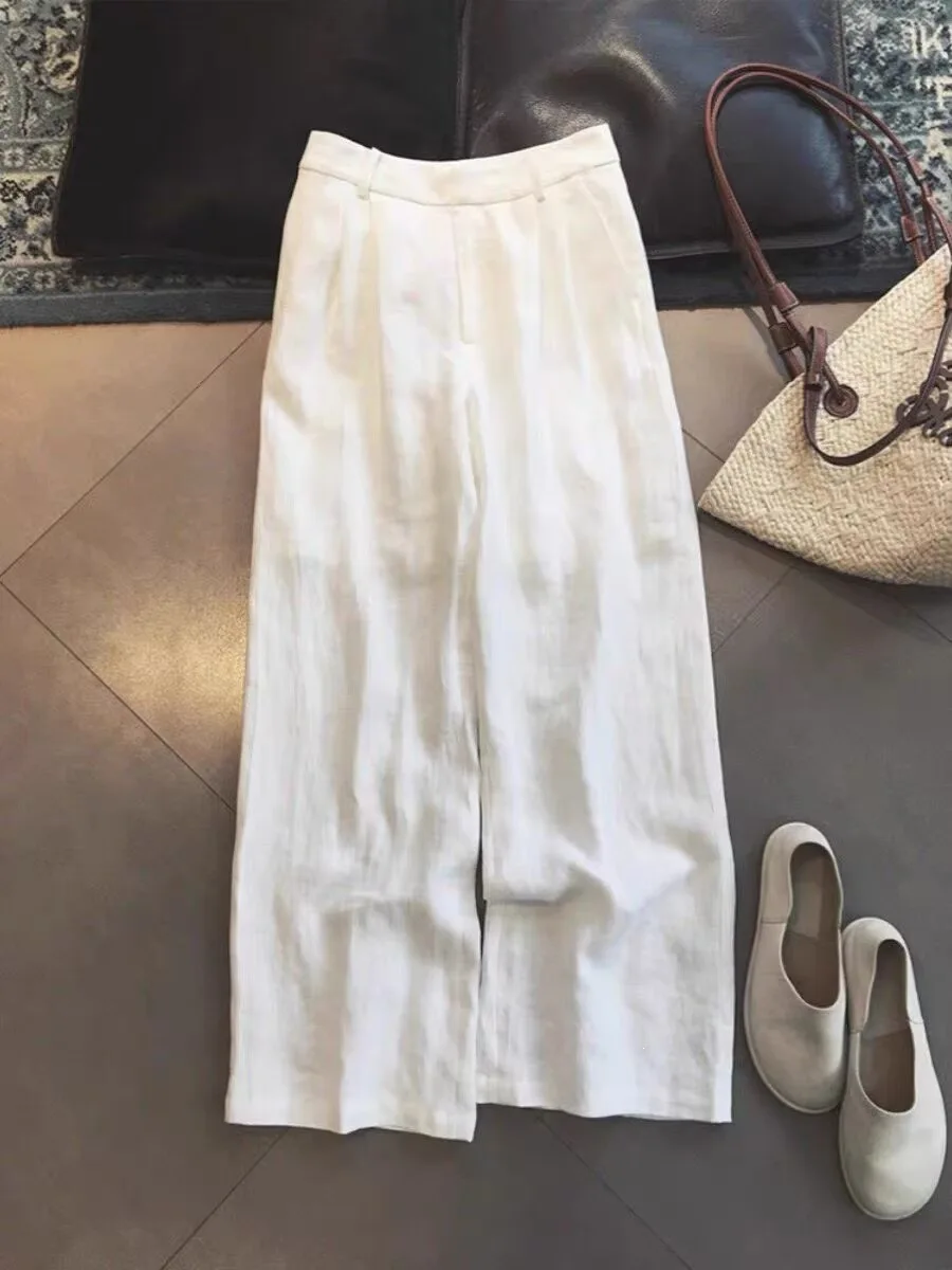 Casual Loose Long Pants Women's High Waist Trousers Pleated Linen Fabric Natural White Comfortable Leisure Fashion Style