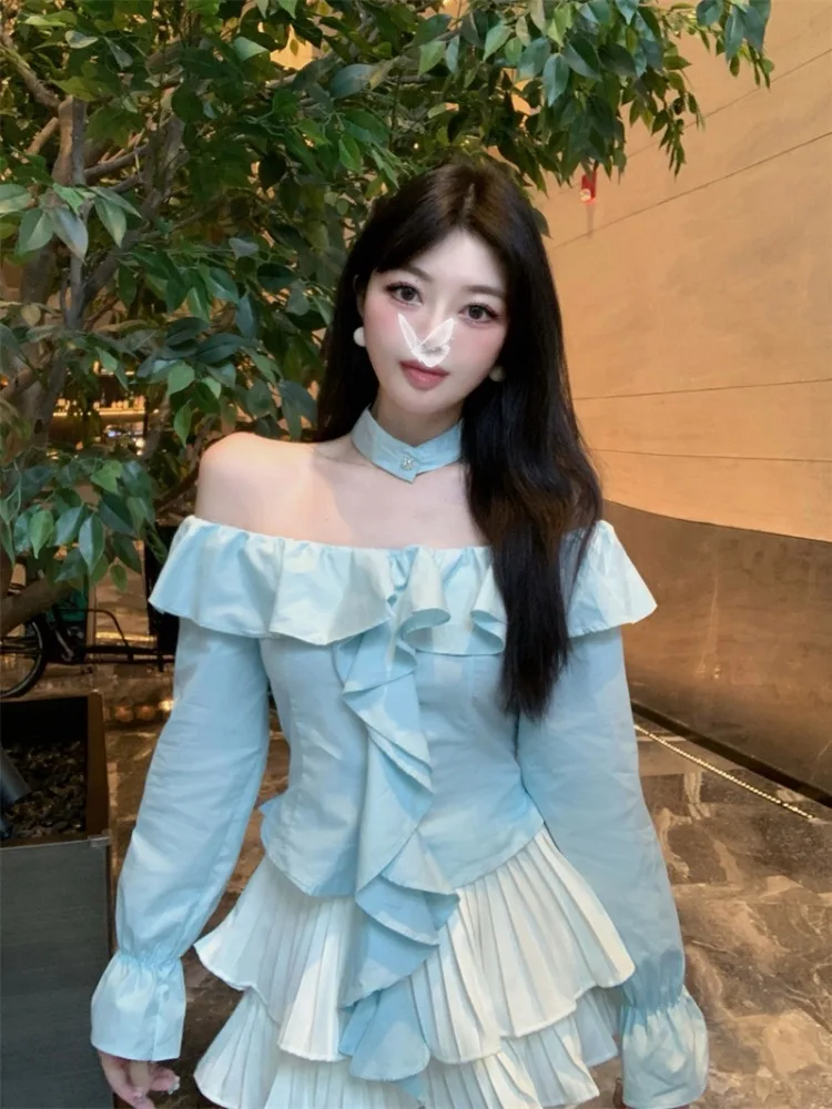 

Elegant Pure Desire One-Shoulder Lotus Shirt High Waist Puffy Skirt Pants Two-Piece Set Women's Spring Autumn Fashion
