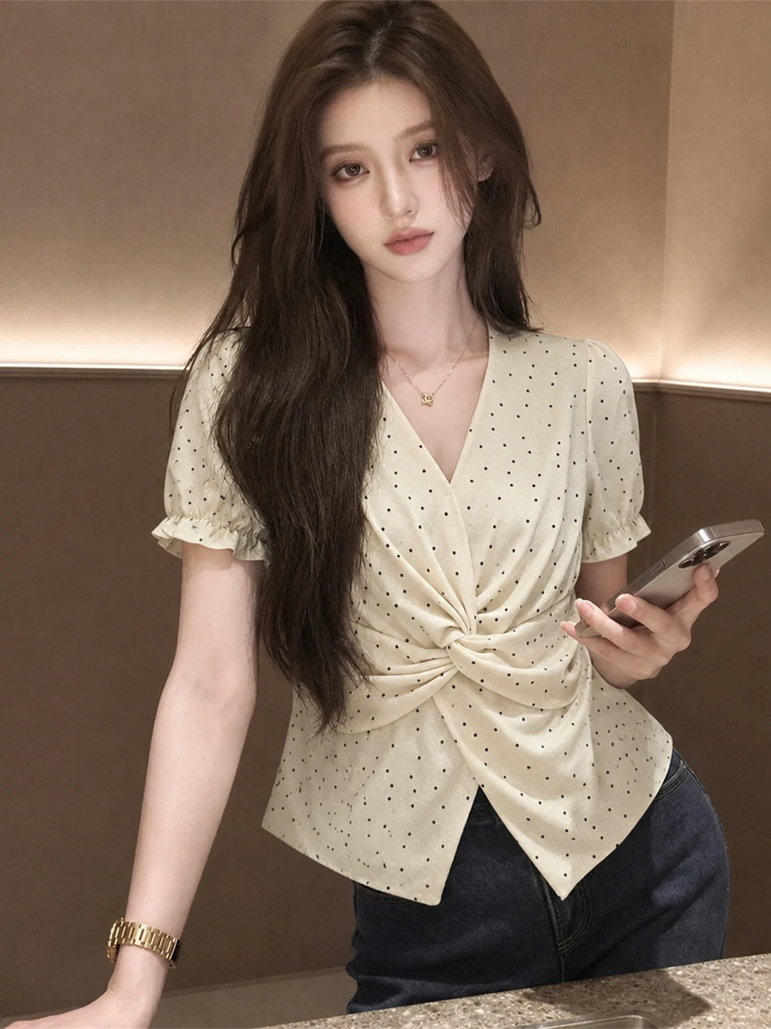 

Polka Dot V-Neck Short Sleeve Top Knot Design Slimming Unique Summer 2026 Trendy T-Shirt Versatile Korean Style Silk Blend