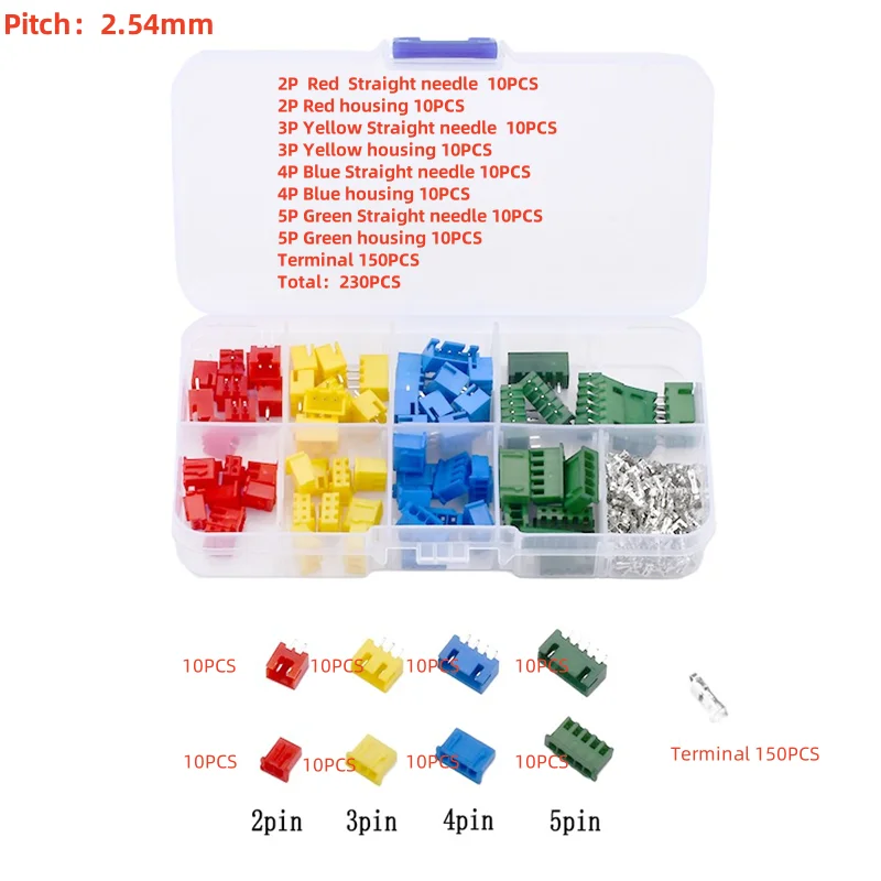 230/320pcs Color terminal 2P 3P 4P 5Pin XH2.54mm Spacing Terminal Connector Adaptor Rubber Housing Needle Seat Kit