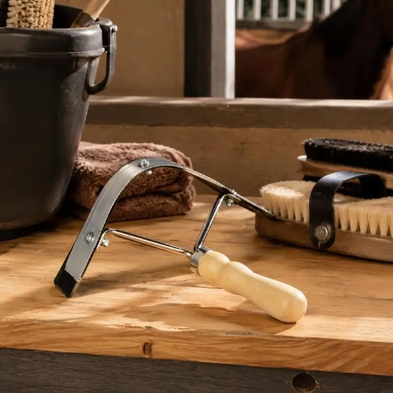 Horse Shedding Scraper with Wooden Handle for Routine Grooming Loose Hair Dust Cleanup and Horse Coat Cleaning Tool in 24BD