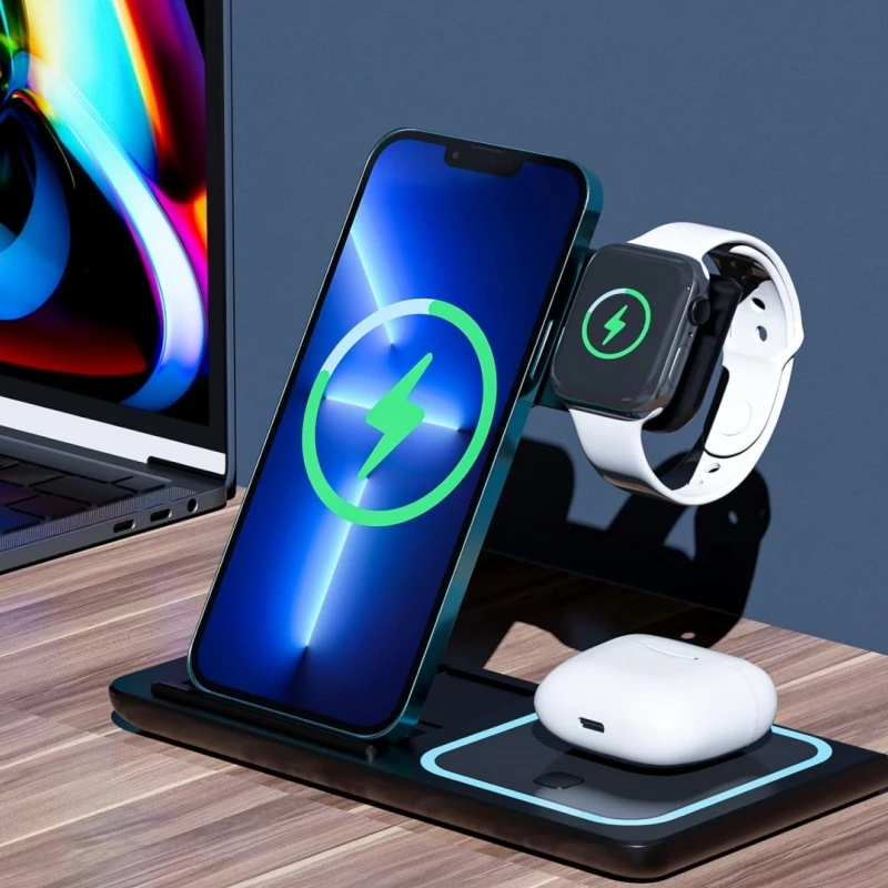 

Беспроводная зарядная станция 3-в-1 мощностью 15 Вт для iPhone 15, 14, 13, 12 Pro Max, Apple Watch 8, 7 и AirPods