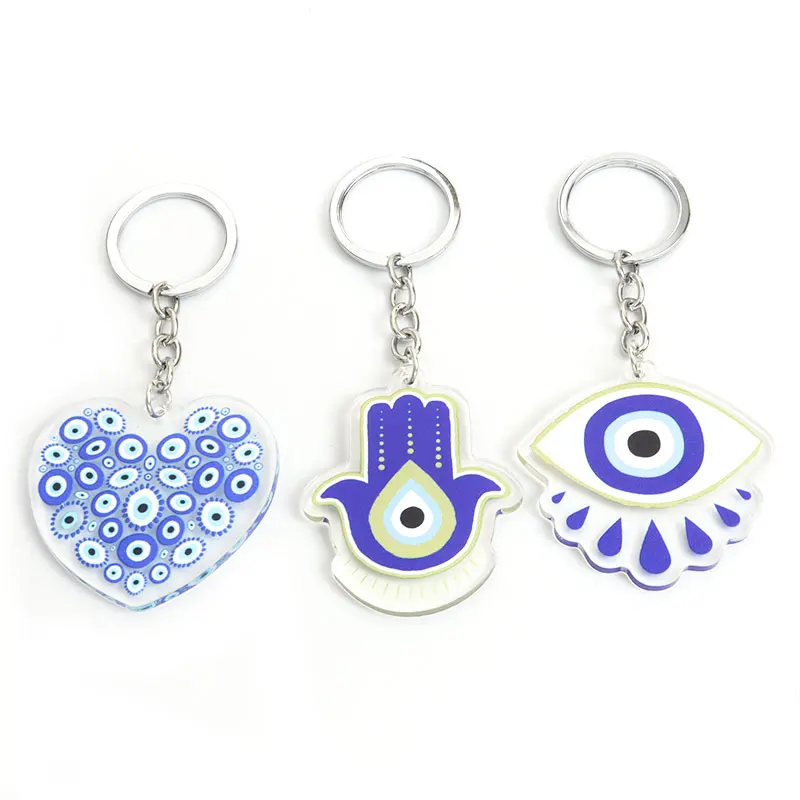 Turkish Blue Evil Eye Hamsa Hand Acrylic Keychain Mysterious Eyes Fatima Hand Keyring Bag Keys Pendant Men Women Jewelry Amulet