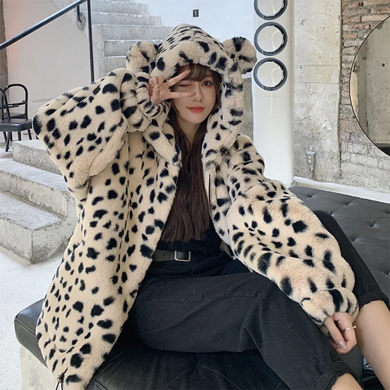 Korean Leopard Print Hooded Short Imitation Rabbit Fur Coat Winter Women Loose Casual Long Sleeve Thicken Warm Faux Fur Outwear