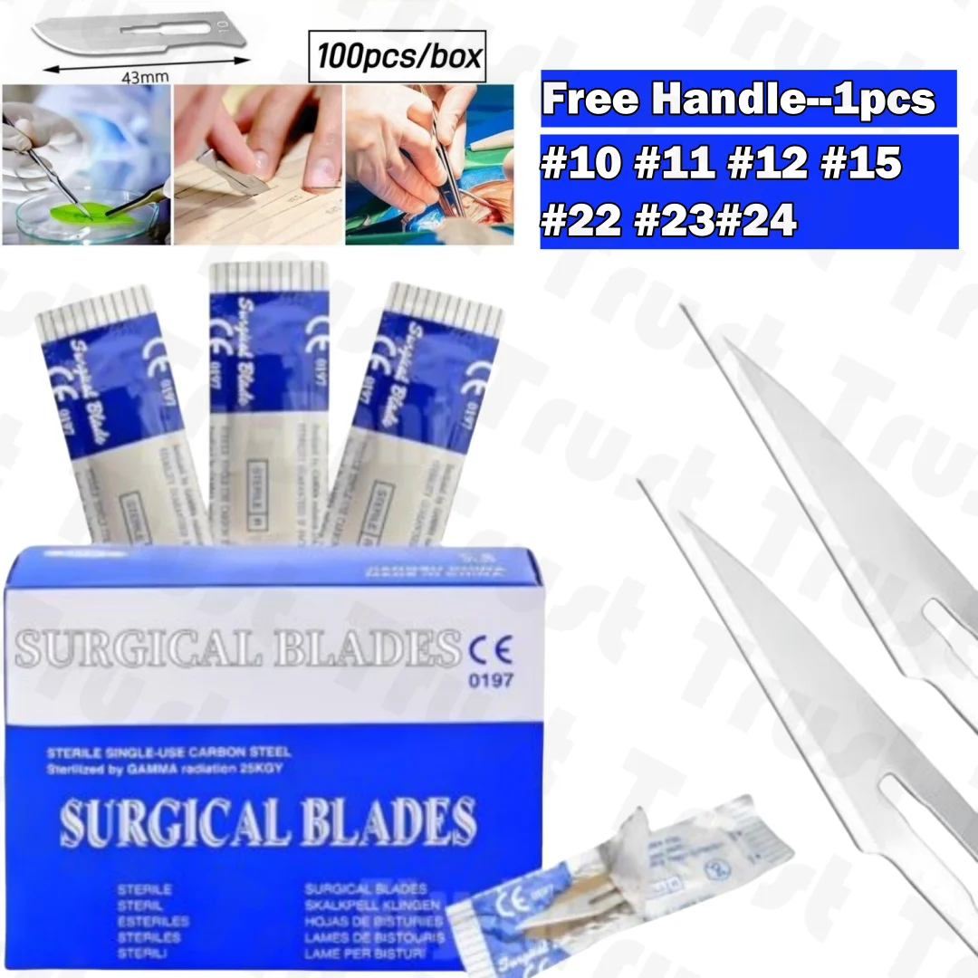 

100PCS Dental Sterile Surgical Sterilized Blades Carbon Steel Material Disposable Dissection with FREE Scalpel Knife Handle