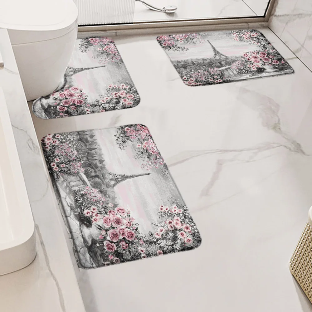 Vintage Paris Tower Bath Mat Set Pink Floral Oil Painting Art City Scenery Bathroom Decorative Carpet Non-Slip Rug U Shape Mats