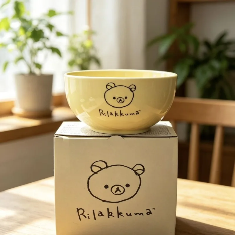 Tigela de Arroz de Cerâmica Amarela Creme Rilakkuma, Brilhante, Cor Sólida, Redonda, Utensílio de Mesa Fofo com Desenho Animado, Segura para Micro-ondas, para Casa