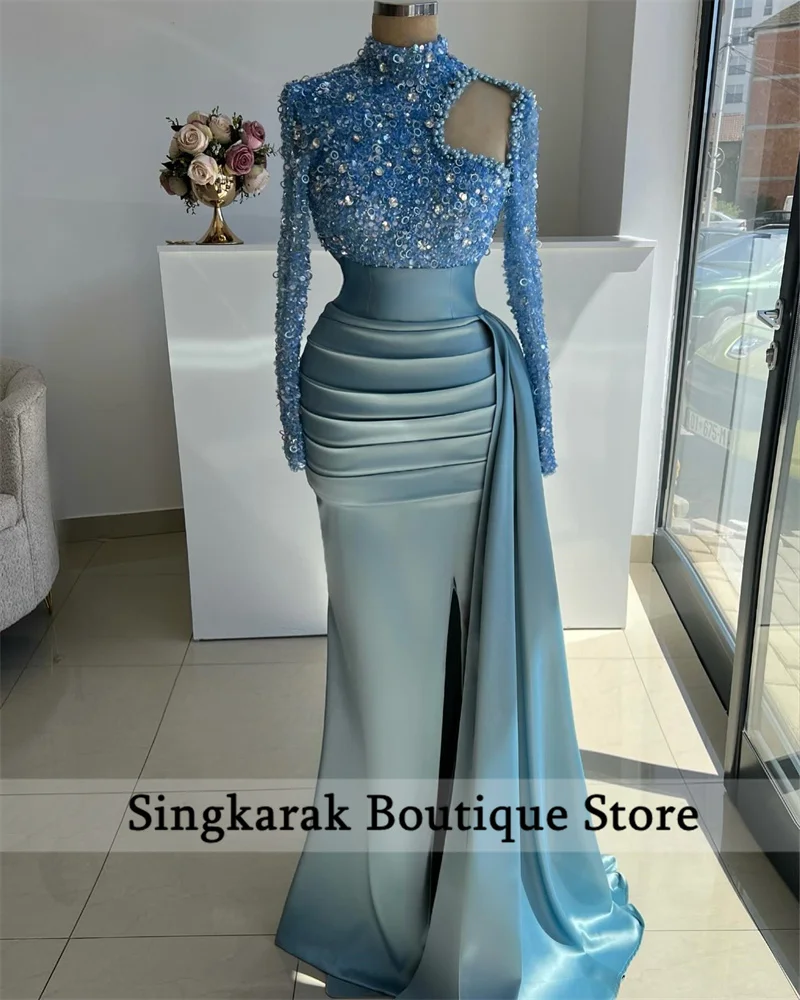 Blue Muslim Diamonds Mermaid Evening Dresses Long Sleeves Glitter Pearls Beaded Dubai Wedding Party Gowns Vestidos