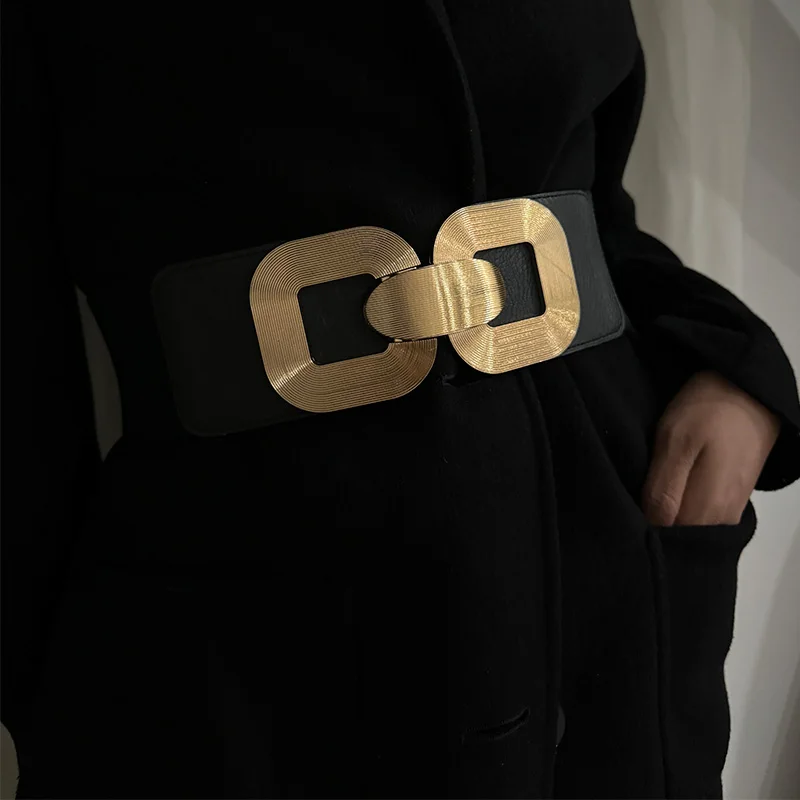 أسود حجم كبير حزام عريض للنساء المشدات مطاطا Cummerbunds الماركات الفاخرة مصمم مشد حزام الإناث الشرير القوطية حزام الذهب