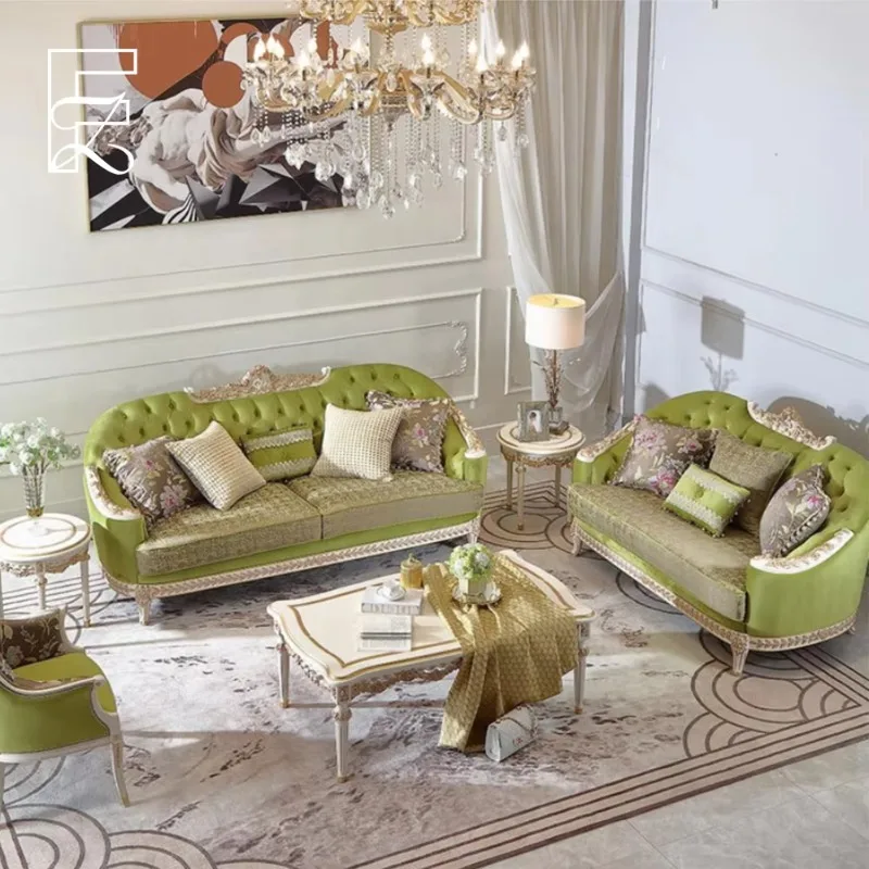 European French Palace Vintage Champagne Gold Square 3-Seat Straight Fabric Sofa Hand Carved Solid Beech Frame Villa Custom