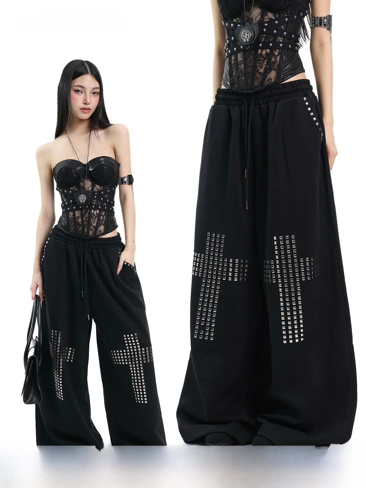 

Женские широкие брюки Uncmhisex в американском стиле хип-хоп с крестом из страз, черные, на шнурке, свободные, повседневные, для похудения