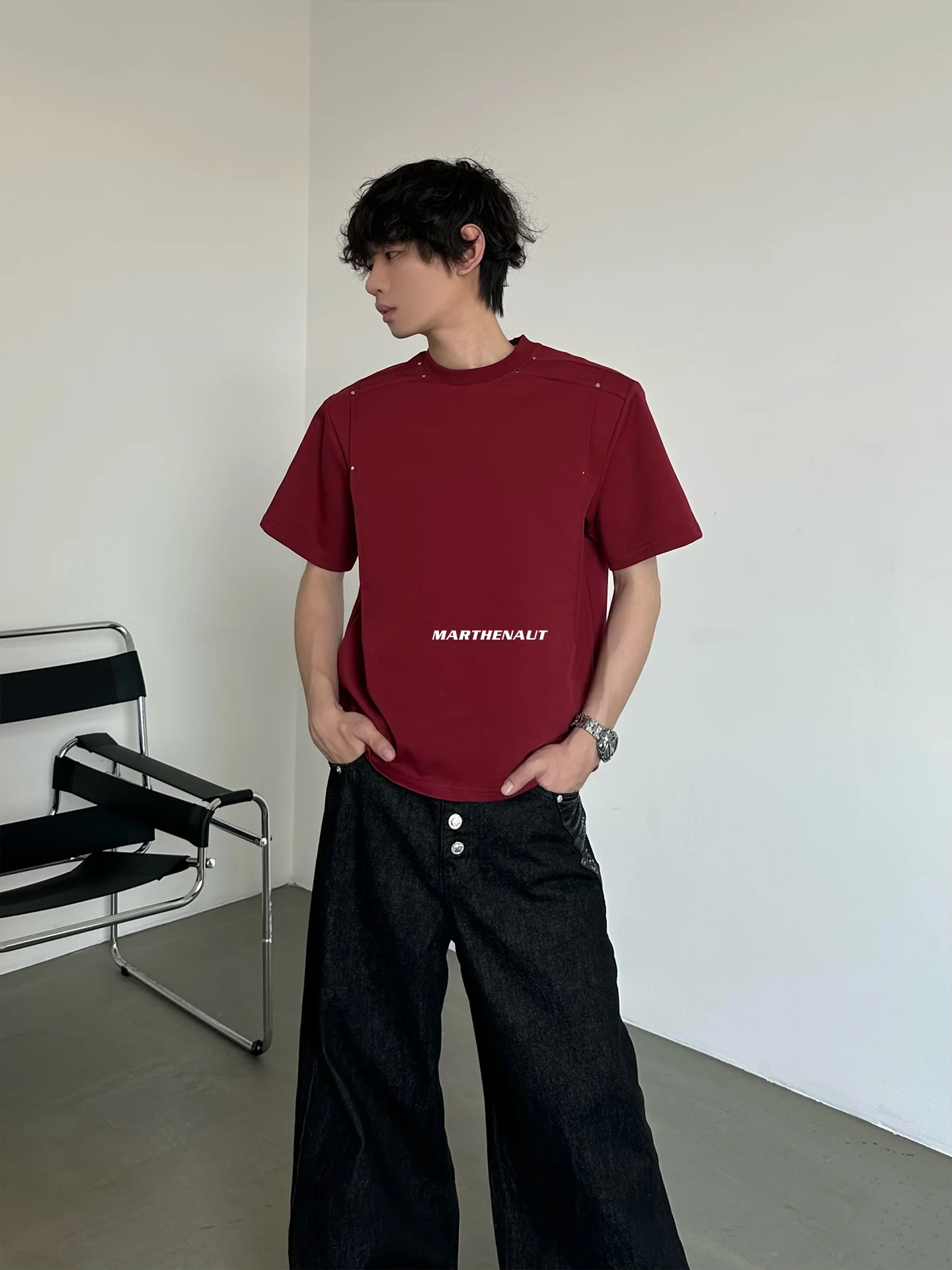 Slim Fit Short Sleeve T-Shirt Pure Color Rivet Casual Top Youth Popular round Neck Pressed Pleat Design Summer Leisure Shirt