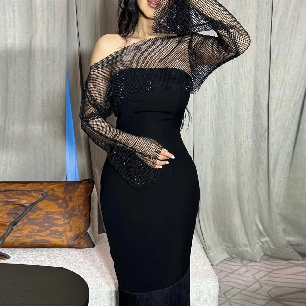 

Fashion Strapless Black Satin Tassel Prom Dress Women Tea-length Evening Party Gown Formal Occasion Dresses فساتين السهرة