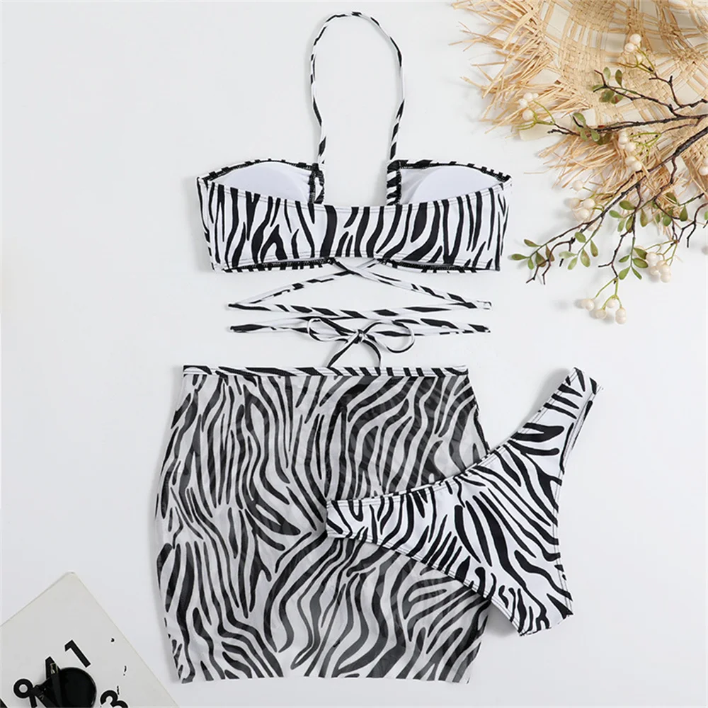 Costume da bagno sexy con stampa zebrata con coulisse scava fuori Y2K costume da bagno a fascia da donna gonna in rete costumi da bagno costume da bagno per le vacanze vestito da spiaggia