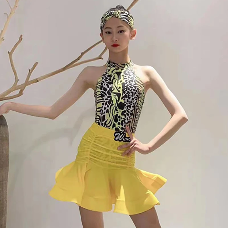 Latin Dance Meisjes Performance Kostuum Print Halter Rugloze Top En Grote Rok Zoom Rokken Kinderen Latin Kleding Wedstrijd Danseres