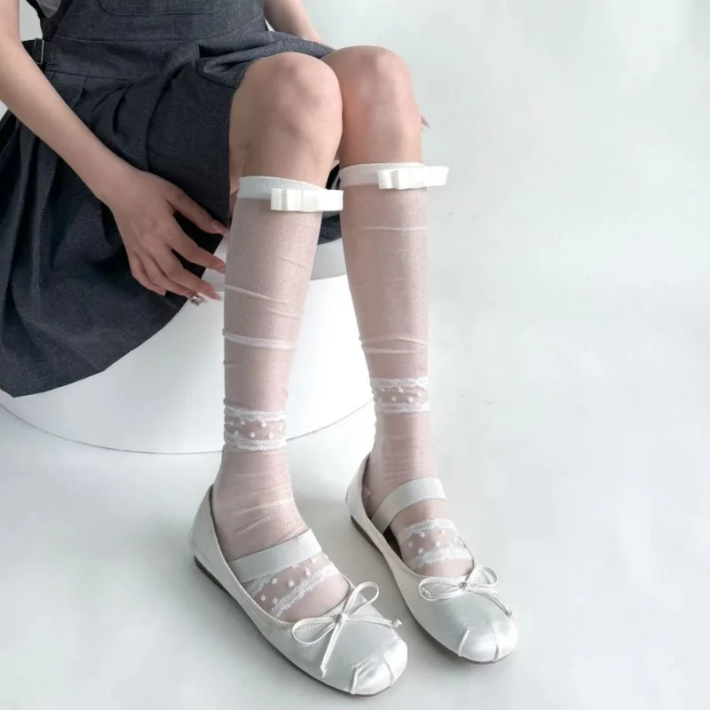 

JK Style Cream White Color Jacqaurd Sheer Calf Socks Ribbon Bow Lace Trim,Spring Summer Crystal Sheer Stockings for Schoolgirl