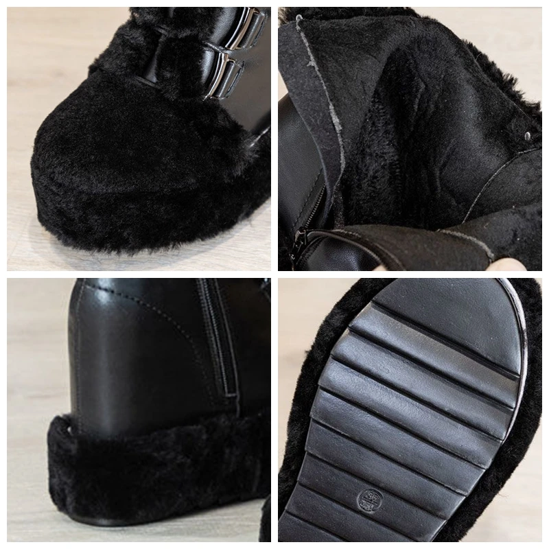 Fujin 10cm New Genuine Leather Synthetic Platform Wedge Fur Winter Plush Warm Ankle Boots Super High Elegant Fashion Lady Shoes