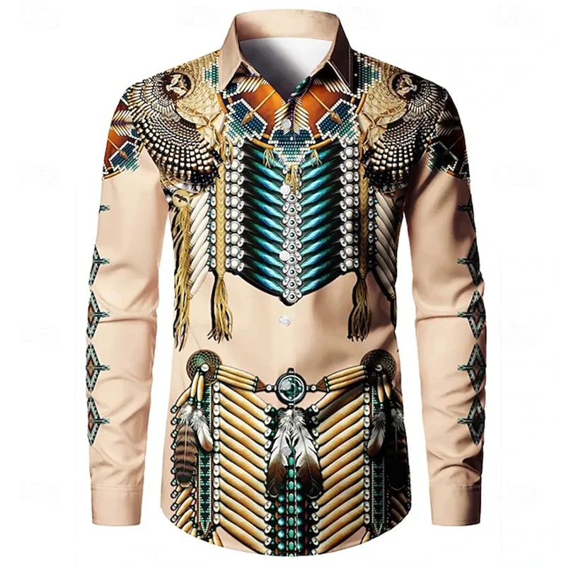 Men's ethnic pattern button down shirt casual formal shirt long sleeve retro vacation daily street summer spring lapel shirt