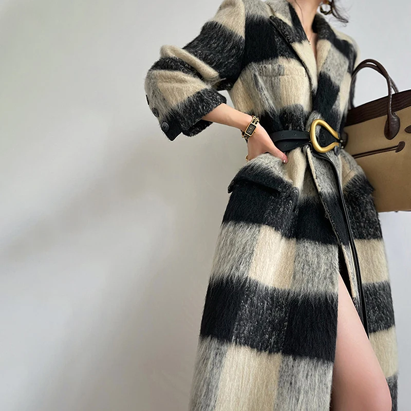 French Vintage Wool Coat Women Winter New Fashion High-grade Striped Plaid Overcoat Europe America Long Warm Outwear Belt Female