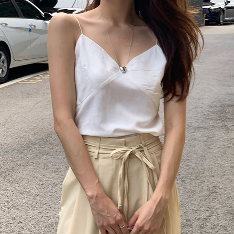 Camisola de alças branca de linho feminina, gola em v sexy, sem mangas, tops fofos básicos, roupas jovens