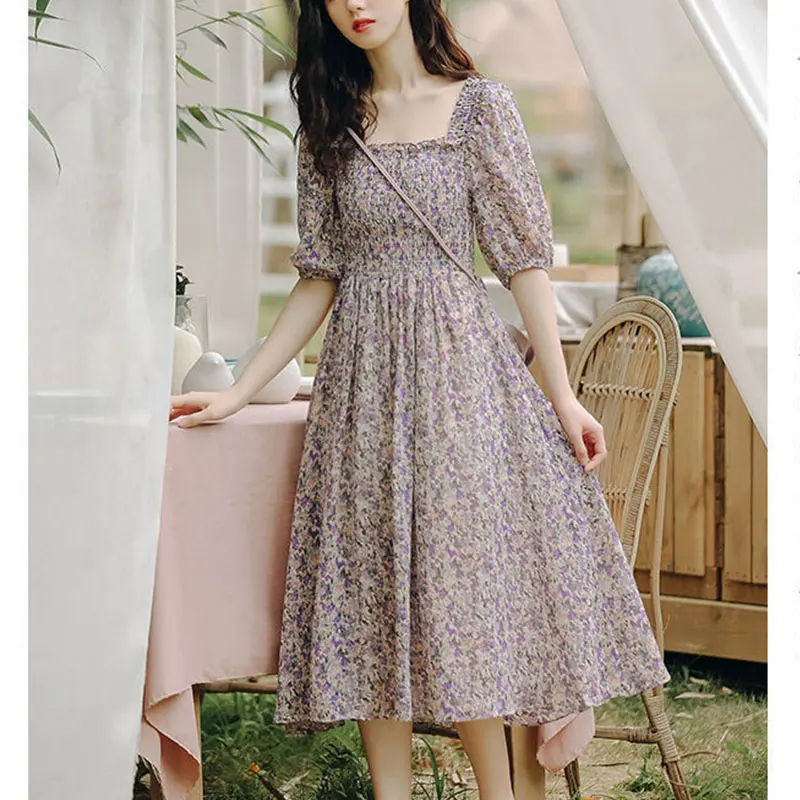 Women Square Collar Short Sleeve Floral Dress, Temperament Slim A-line Skirt, Summer Clothes, Monochromatic, Simplicity Fashion