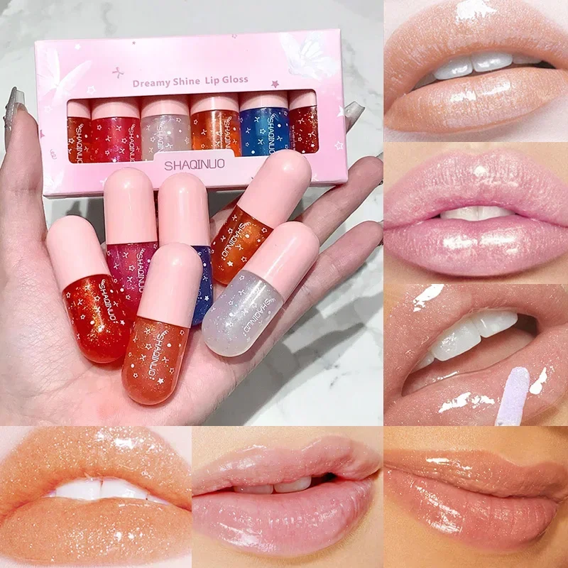 6-Piece Dreamy Fine Sparkle Lip Gloss Collection — Capsule-Style Lip Oils, Transparent Hydrating Formula,