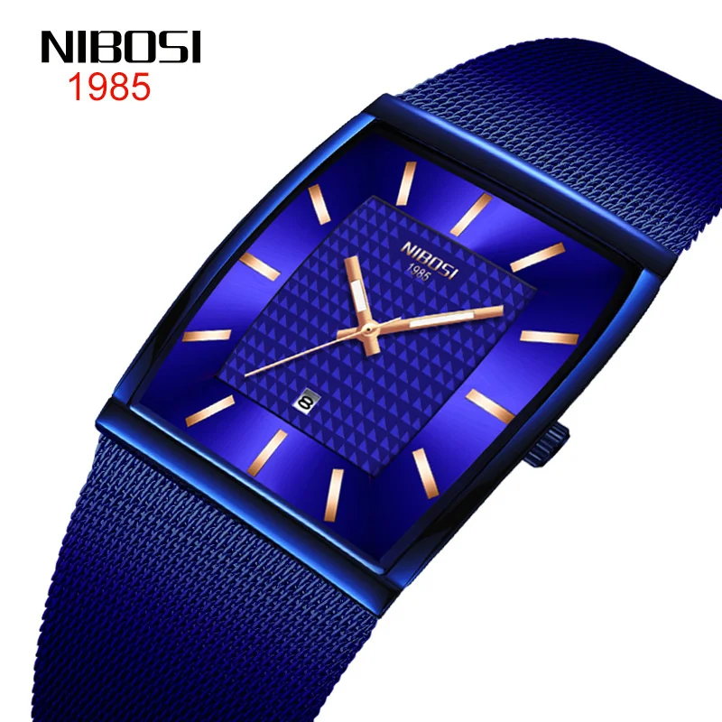 NIBOSI-reloj de cuarzo cuadrado para hombre, cronógrafo ultrafino, de lujo, de pulsera, resistente al agua, color azul