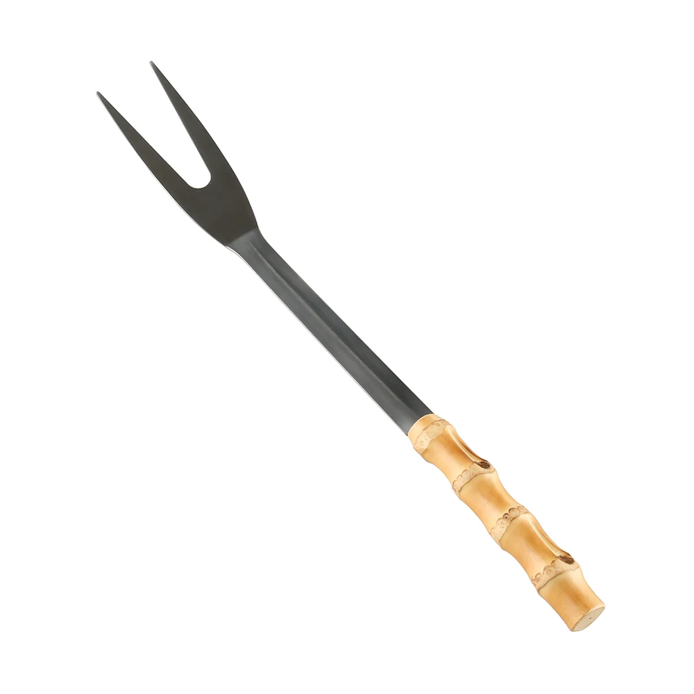 Camping Stainless Steel Bamboo Root Wooden Handle Slotted Spatula Turner Fork Tong Grill Set Barbecue Accessories BBQ Tool
