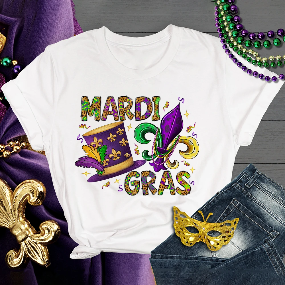 Mardi Gras Printed Shirt for Women It's Mardi Gras Yall T-shirt Girls Carnival Outfit Holiday Bleached Short Sleeve Tops Shirts