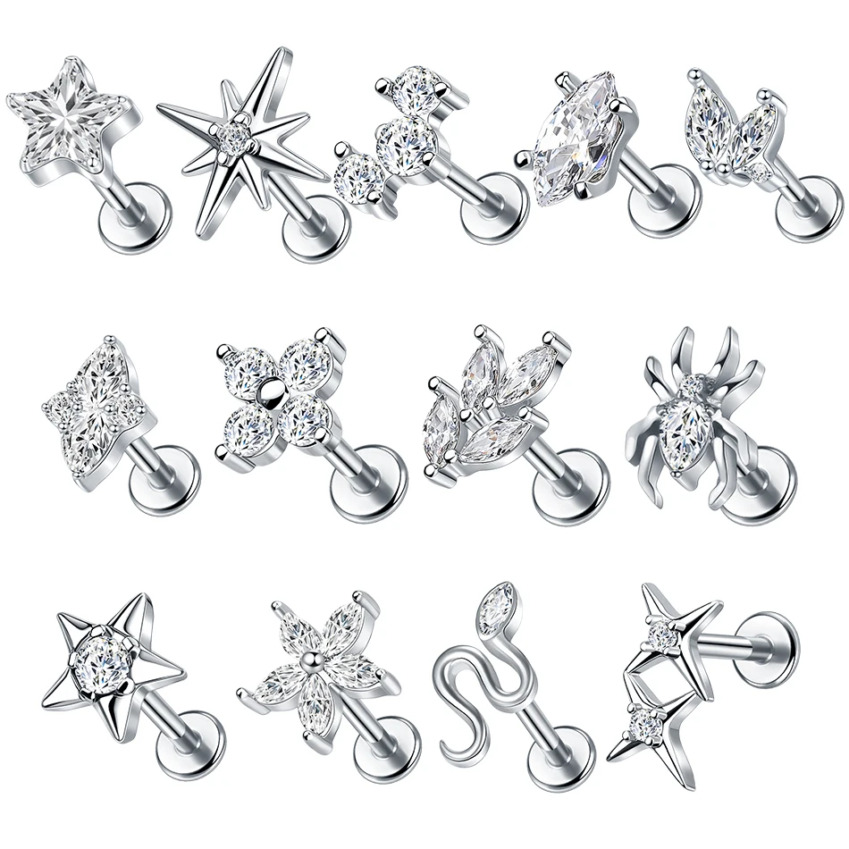 1/5Pcs Stainless Steel Helix Stud Tragus Conch Lobe Rook Cartilage Earring Cluster Marquise CZ Flower Flat Back Labret Piercings