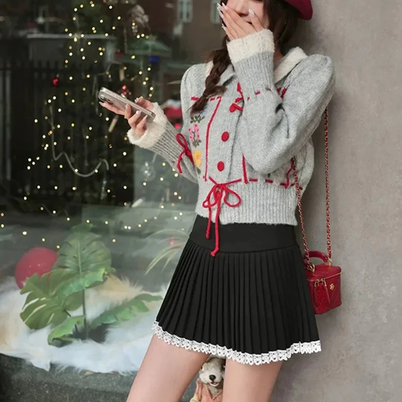 Korea Embroidery Lace Up Knit Cardigan Japan Sweet Embroidered Lace Up Bow Knit Cardigan Autumn Ins Lapel Sweater Jacket Top New