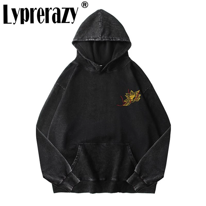 Lyprerazy Chinese Style Retro Lotus Embroidery Hooded Long-sleeved Loose Casual Couple Sweater