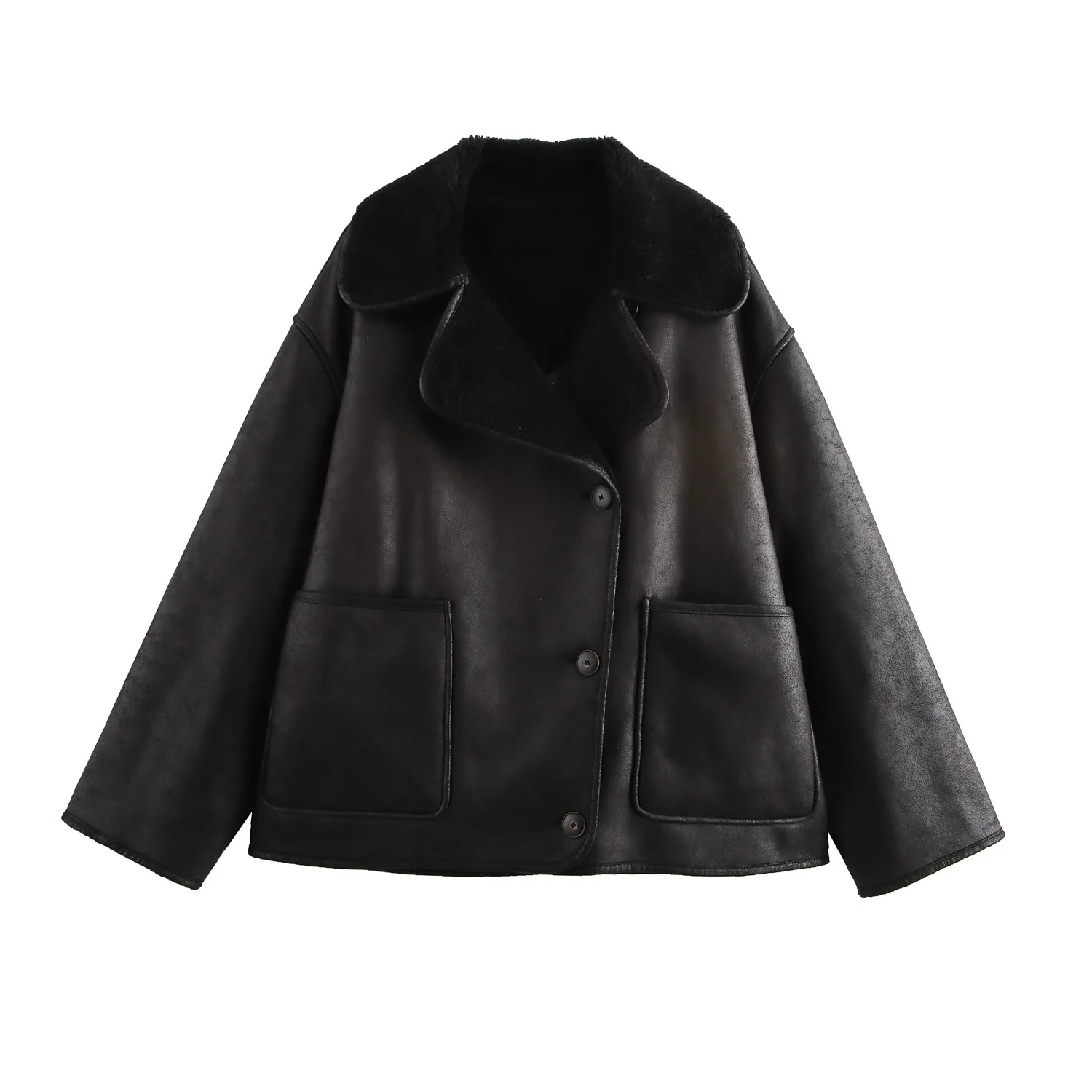 Plush Faux Leather Jackets For Women Wool Blends Thick Winter Office Single Breasted Turn-down Collar Coat Chic Pocket Outerwear