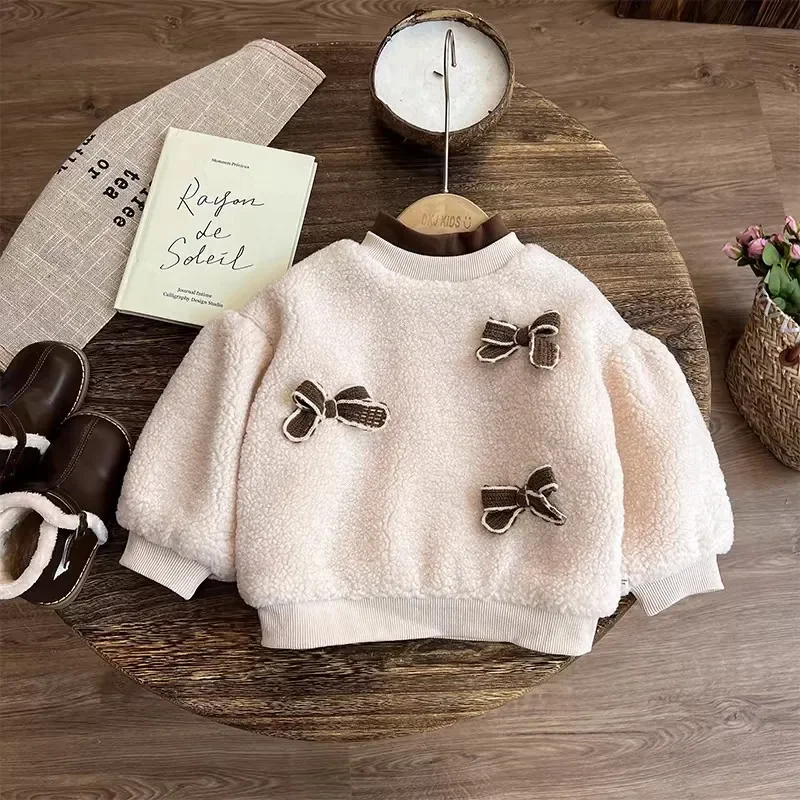 ZOETOPKID 2Pcs Sweatshirt Clothing Sets Autumn Winter Big Kids Lamb Wool Bow Sweater+Corduroy Pants Suit Children Casual Outfit