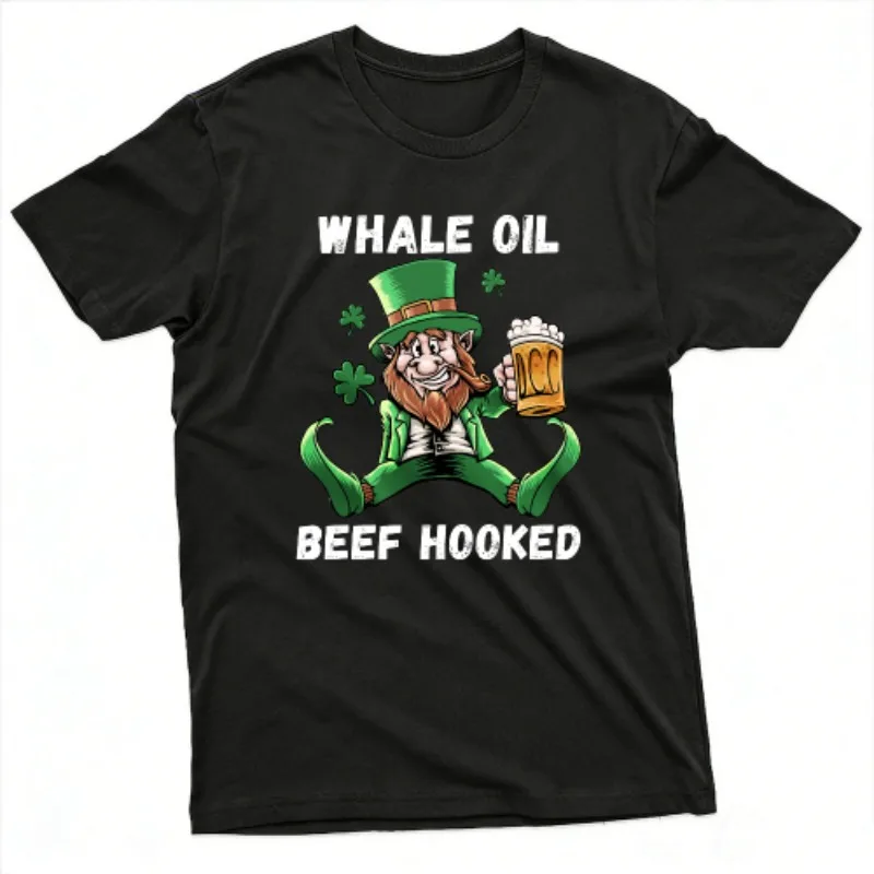 Whale Oil Beef Hooked Leprechaun T-Shirt Funny Graphic Tee St Patrick's Day Party Mens Shirt Unique Printed Festival Streetwear