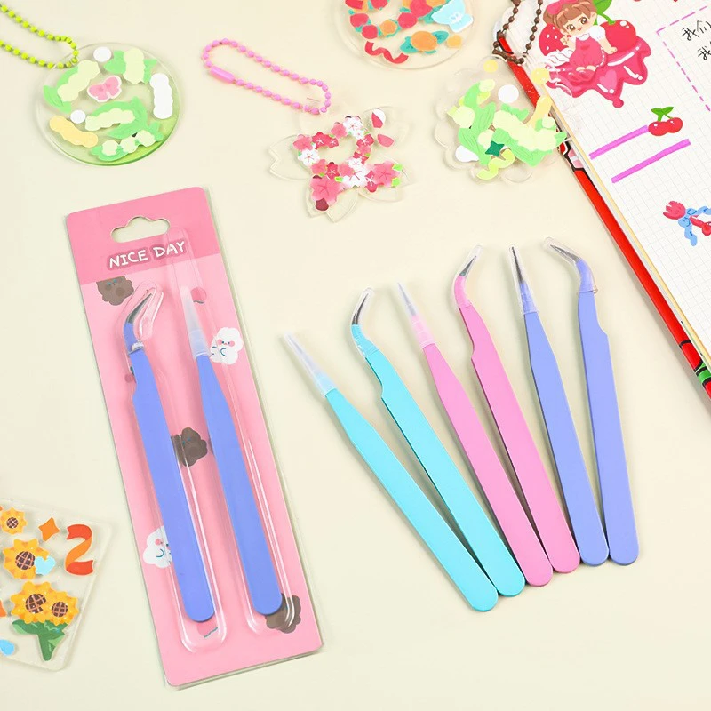 1Pair Tweezers Set Single Elbow Tweezers Hand Account Stickers Picking Tool Multifunctional Color Clip For Working Office