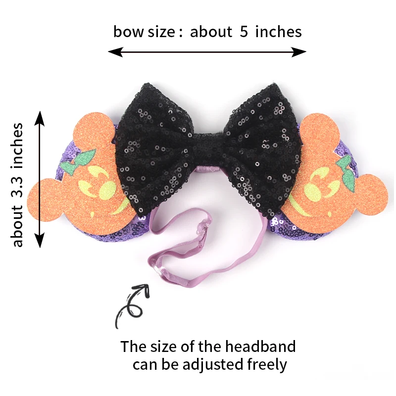 2024 Newest Halloween Disney Mickey Mouse Ears Adjustable Elastic Headbands For Girls Sequins Hair Bow Festival Party Cosplay