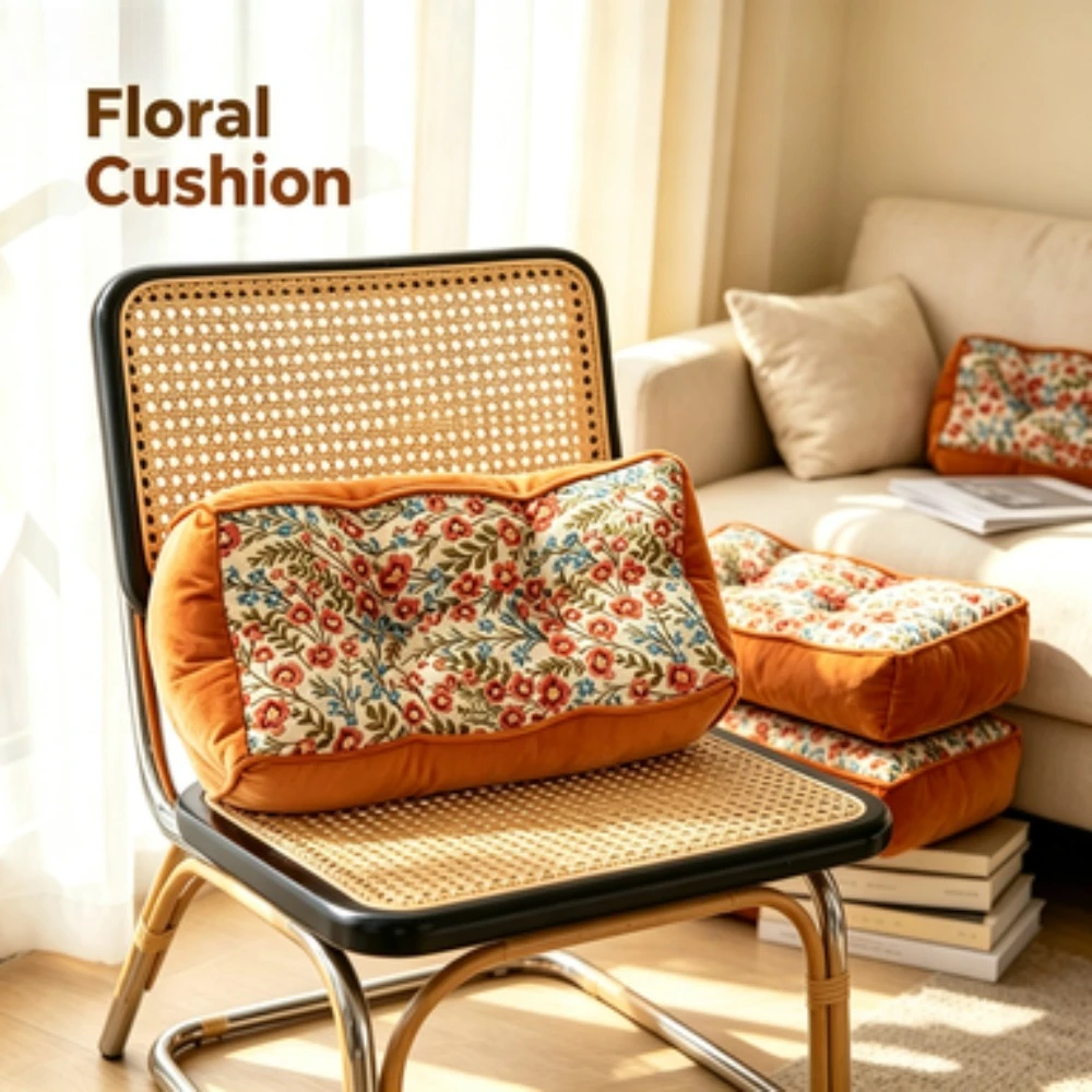 Vintage Floral Lumbar Pillow Jacquard Fabric Velvet Trim Ergonomic Cushion Multi Color Sofa Bedroom Chair Home Decor