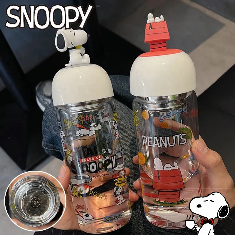 

380ml Snoopy Glass Water Bottle Cartoon Large Capacity Portable Outdoor Sports Cup Transparent Milk Juice Coffee Mug Gifts