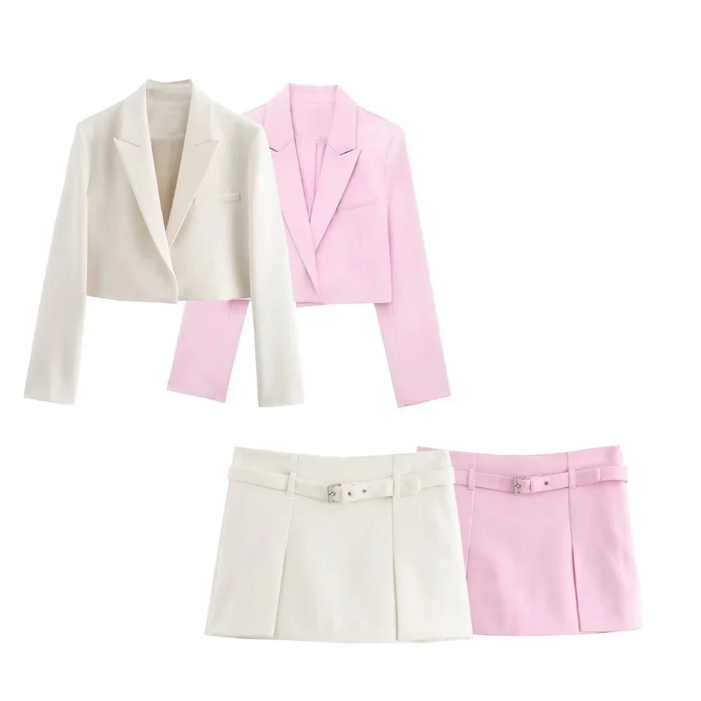 

LIBIELIY 2025 Summer New Women's European And American Style Fashion Short Suit Coat With Belt And Skirt Pants Set