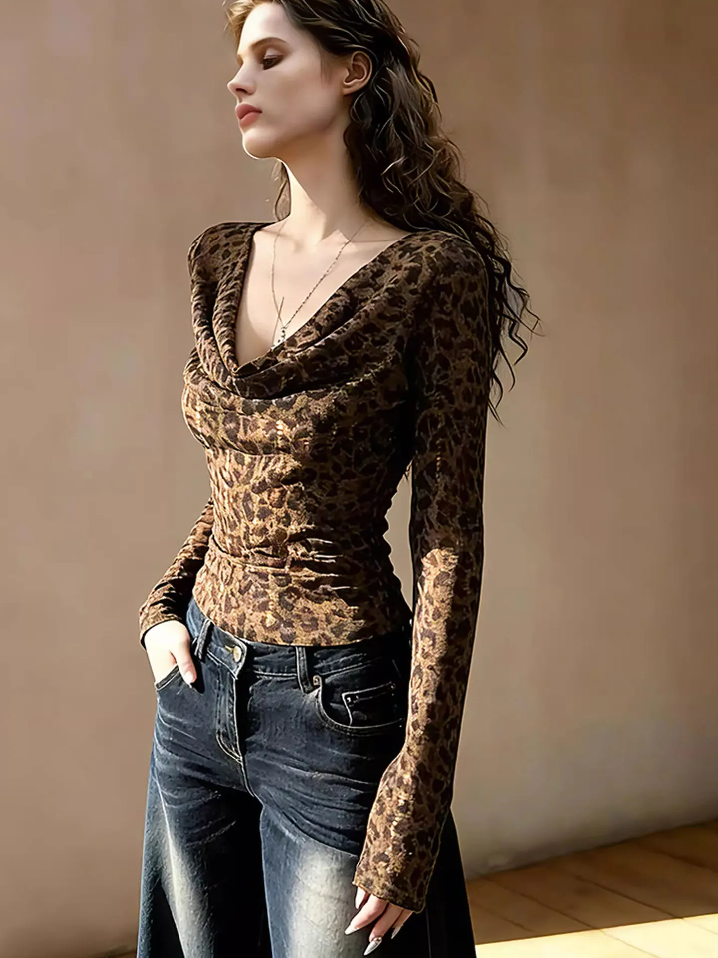 

Faionable Slim Fit Long Sve T-irt Leopard Print ter Ne Base irt European Design High End Brand Commute Sle Si...