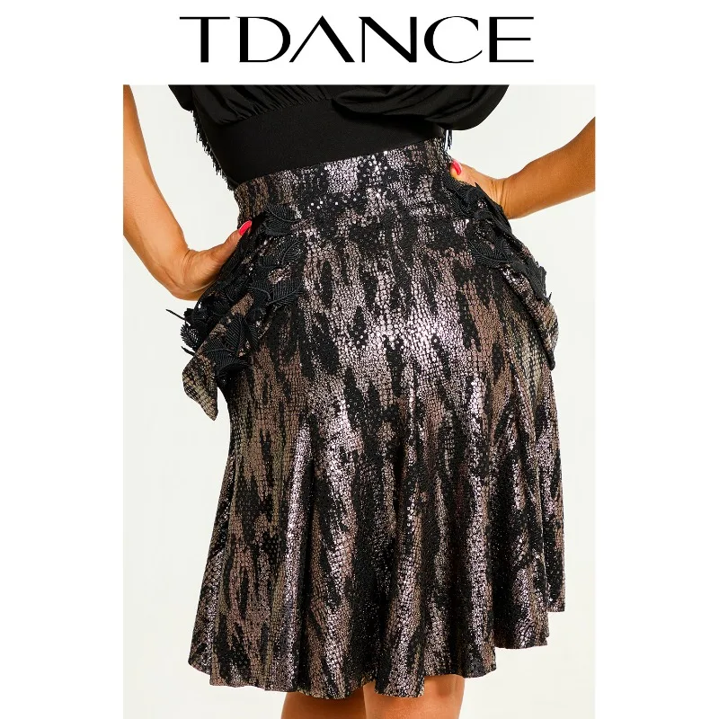 Gonna per esercizi latini TDANCE personalizzata [Mezza gonna con nastro di giunzione cava in vita] con pantaloni inferiori Grande altalena per donna adulta GL-63