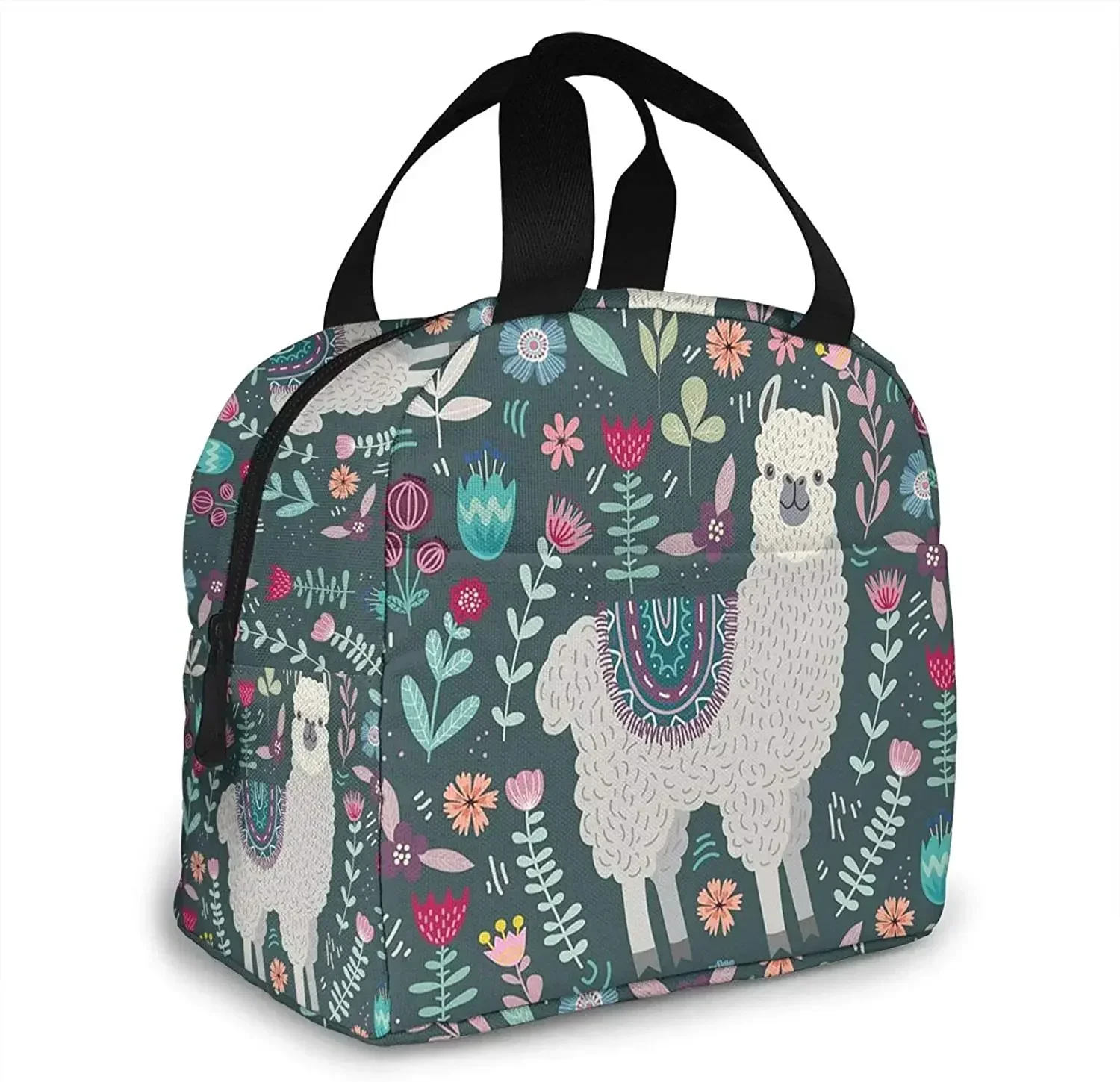 Floral Llama Lun Bag for Women Insulated Lun Box with Front Pocket for Work Reusable Cooler Tote Bag for Picnic Hiking Bea