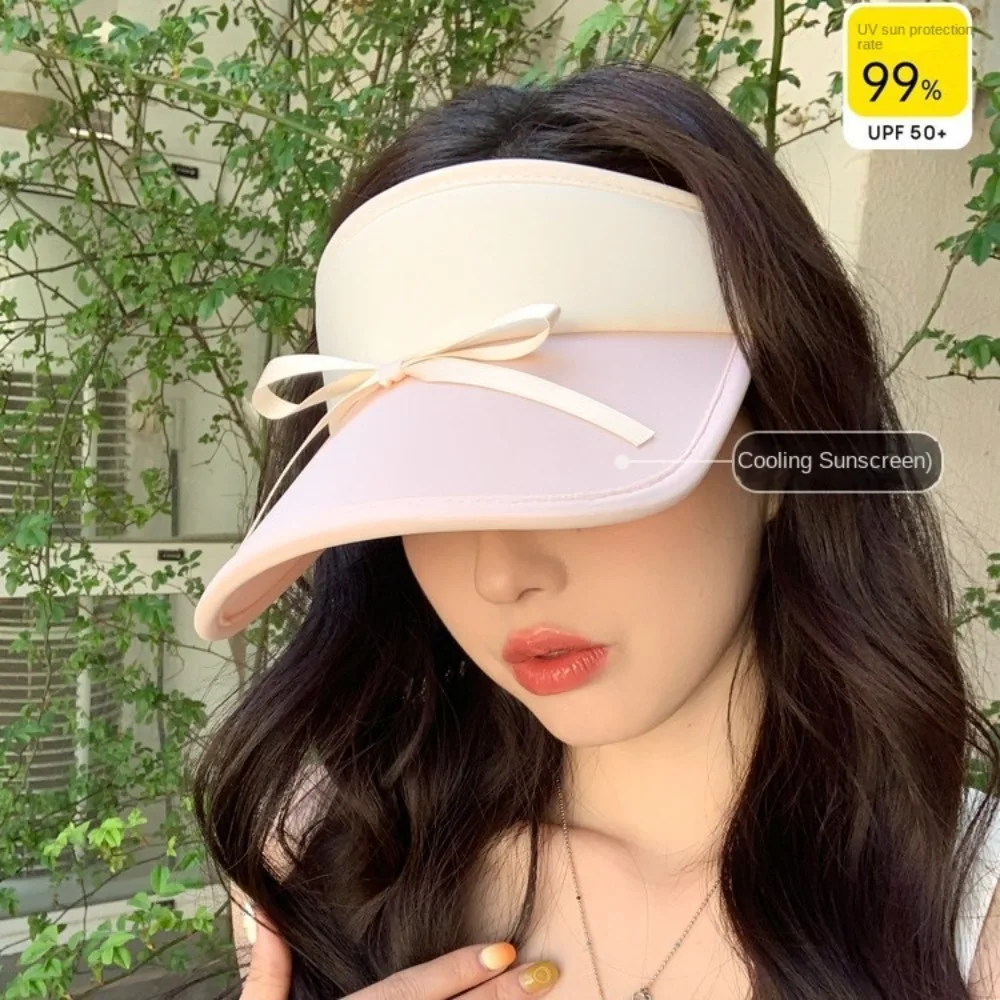 

Fashion Ribbon Bow Sun Hat Wide Brim Anti-UV Empty Top Cap Sunscreen Peaked Hat Bowknot Visor Cap Summer