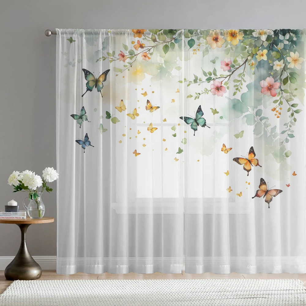 2Pcs Watercolor Style Floral And Ursula Butterfly Print Home Decoration Window Screens, Suitable For Restaurants, Bedrooms