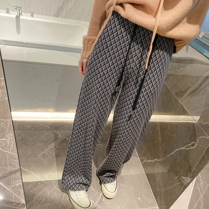 

High Quality Autumn and Winter Casual Full Body Square Plaid Towel Weaving China-Chic Knitting Wide Leg Female Drawstring Pants